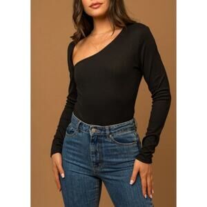 GILLI Asymmetric Neckline Bodysuit Long Sleeve Knitted Black Womens Size L NWT